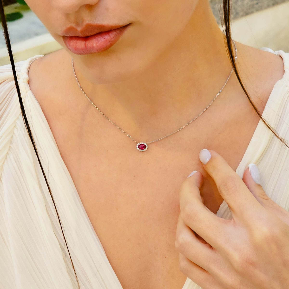 gold & diamond jewellery_1004 copy Gold Ruby & Diamond Halo Necklace - Image 2