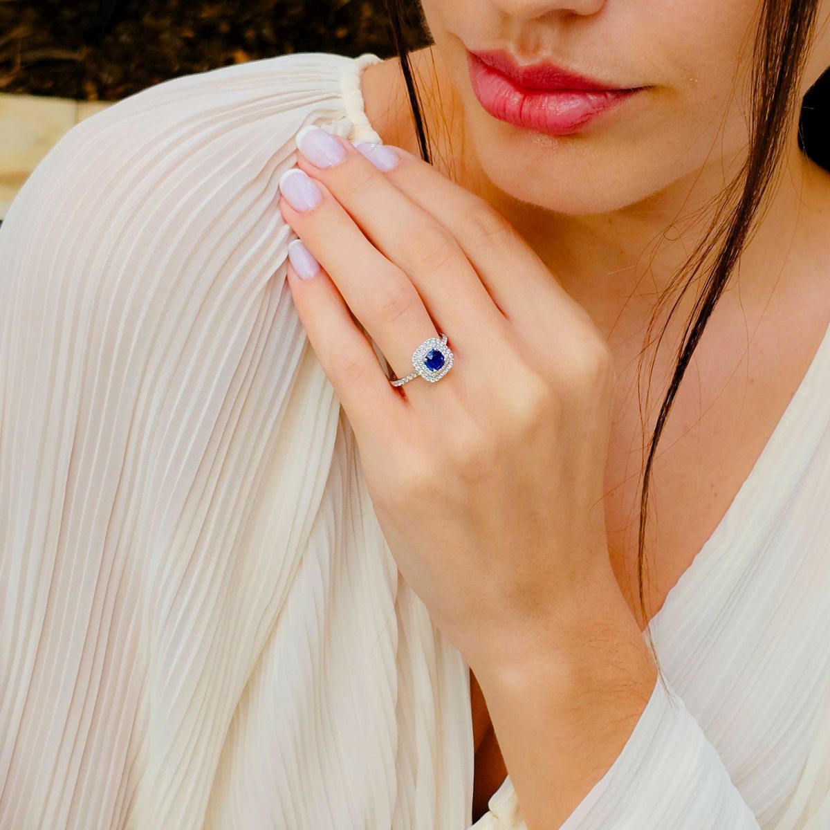gold & diamond jewellery_524 Gold, Sapphire & Diamond Double Halo Ring - Image 2