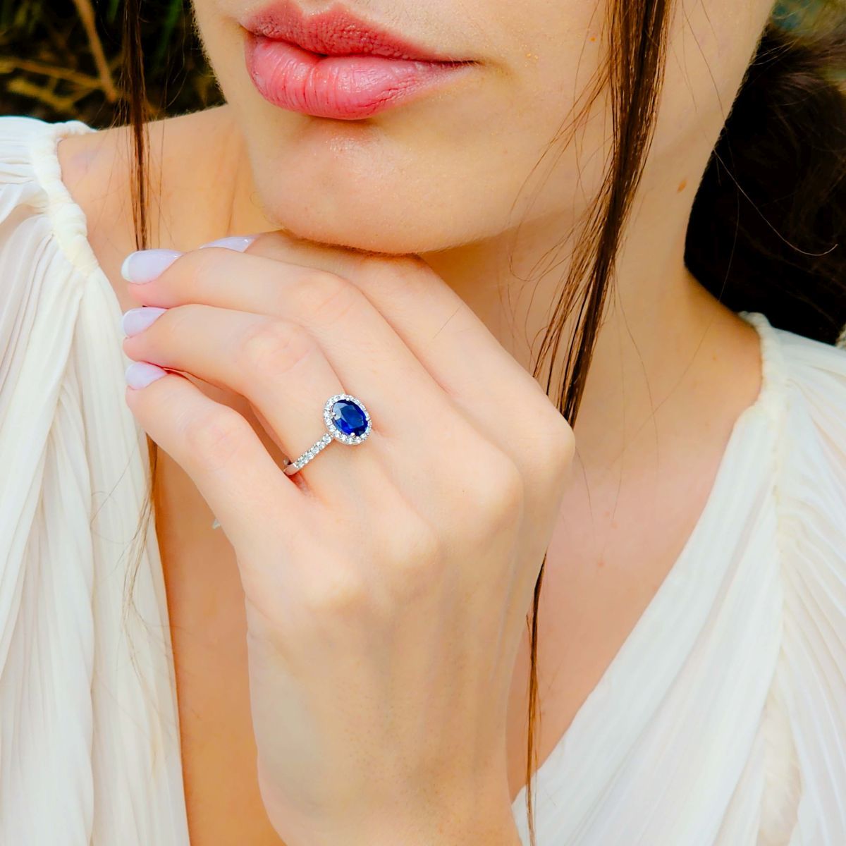 gold & diamond jewellery_488 Gold, Sapphire & Diamond Halo Ring - Image 2