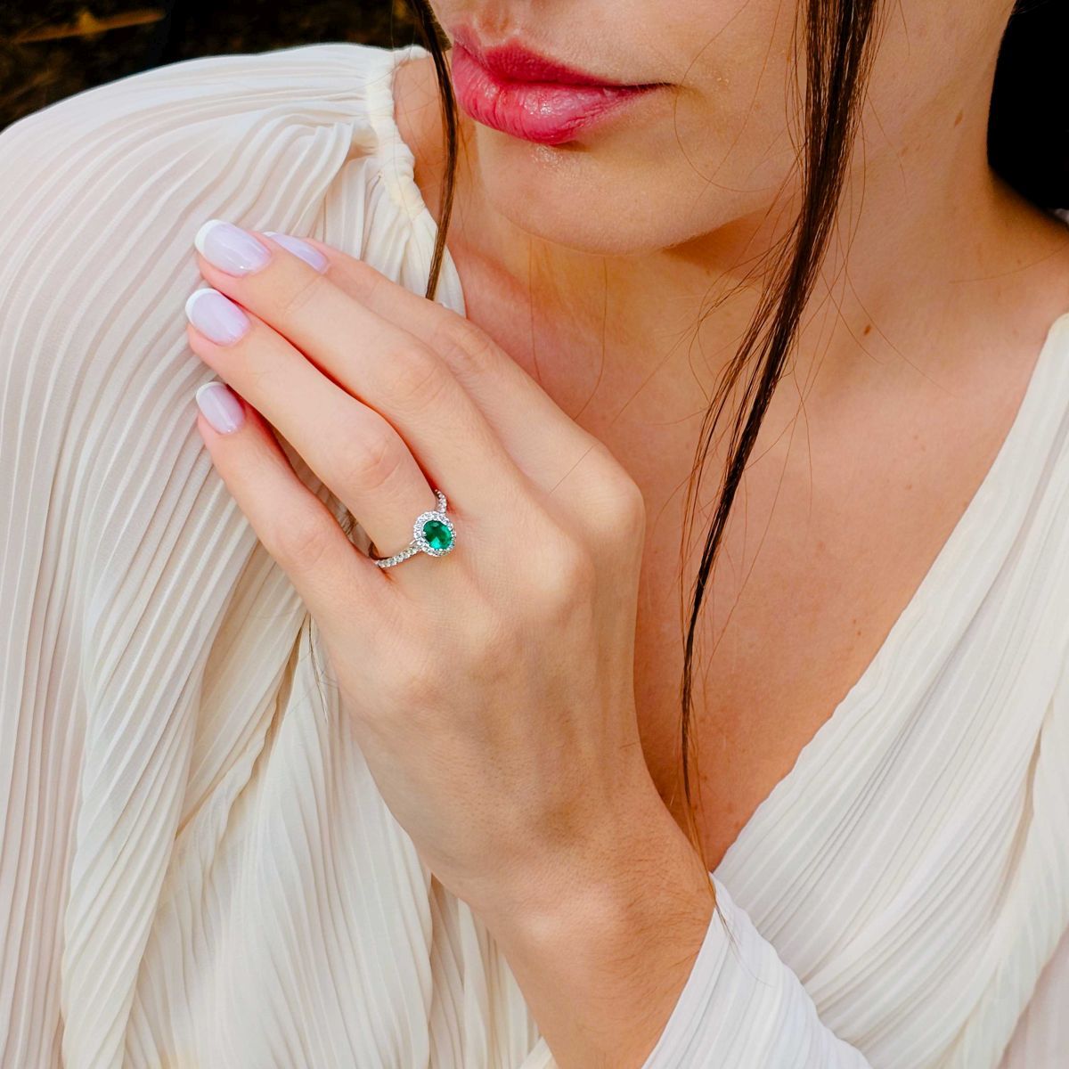 gold & diamond jewellery_505 Gold, Emerald & Diamond Halo Ring - Image 2