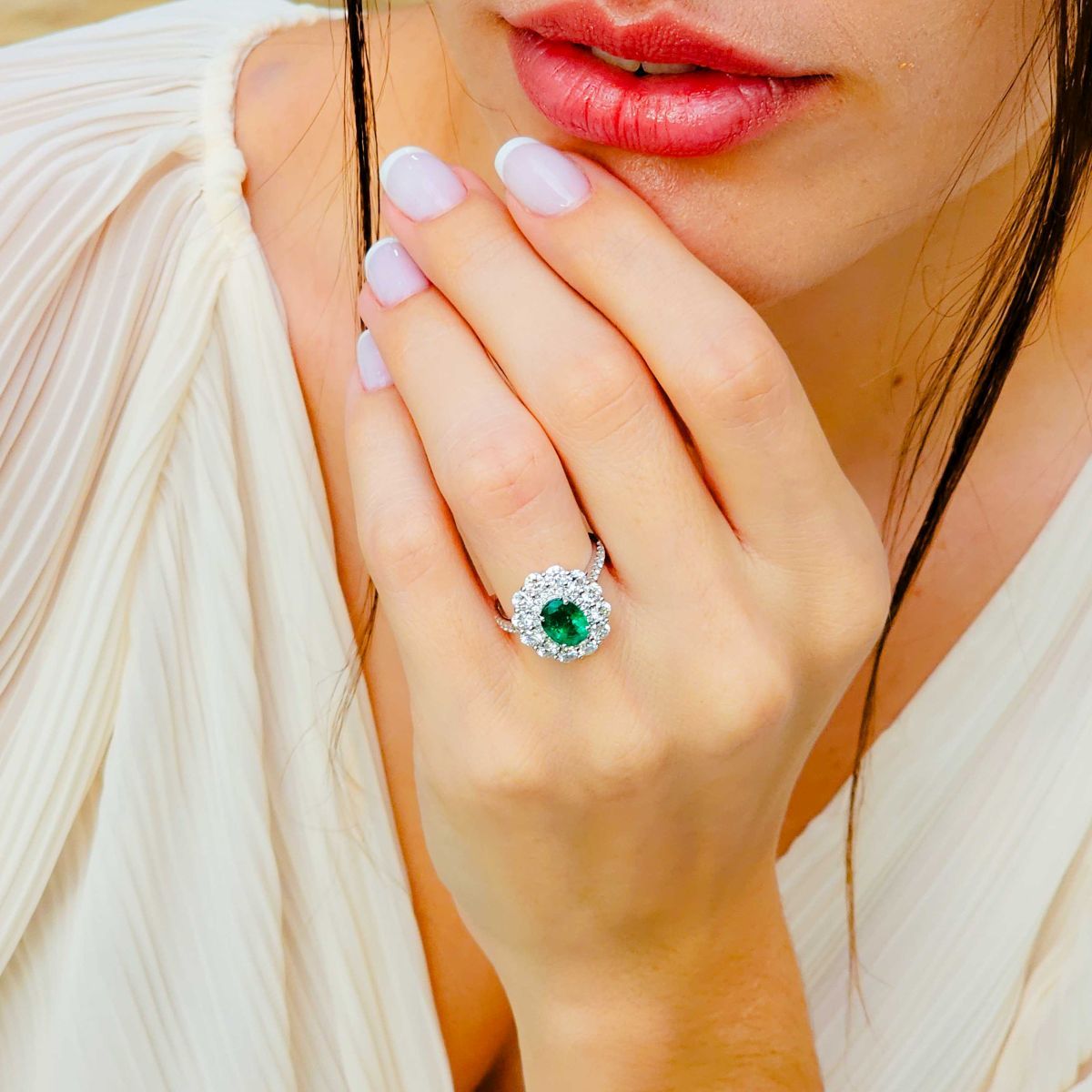 gold & diamond jewellery_477 Gold, Emerald & Diamond Halo Ring - Image 2